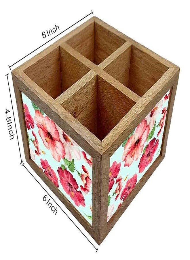 Nutcase Wooden Cutlery Stand Holder Silverware Caddy Spoons Forks Knives Organizer for Dining Table & Kitchen -Made in India-Spoons NOT Included - Hibiscus with White Background - Image 3